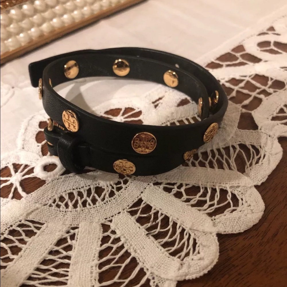 Tory Burch Double Wrap Black Logo Stud Bracelet